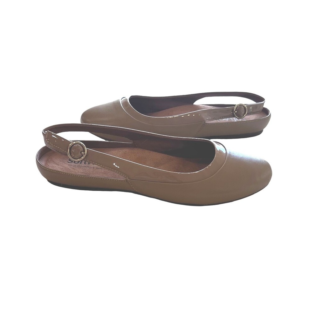 SoftWalk Sheffield Tan Leather Slingback Flats Patent Trim Comfort Shoes 10.5‎ M